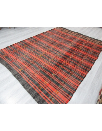 Orange Black Striped Vintage Turkish Kilim Rug