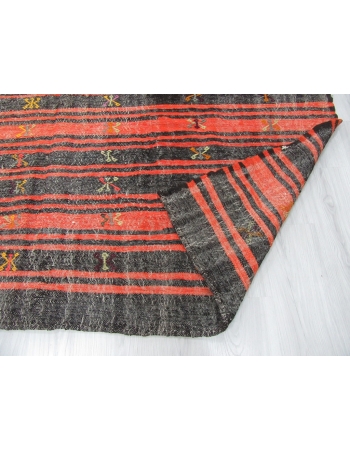 Orange Black Striped Vintage Turkish Kilim Rug