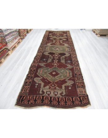 Vintage Brown Turkish Wool Kars Runner Rug