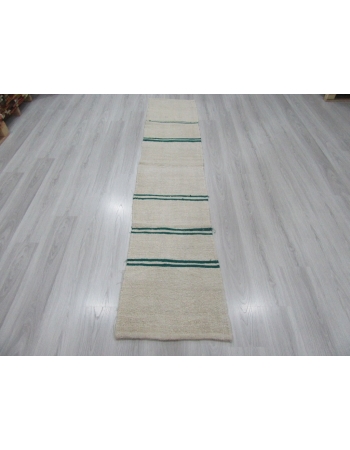 Green Striped Vintage Turkish Hemp Kilim Runner Rug