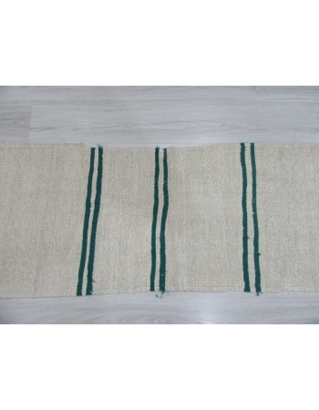 Green Striped Vintage Turkish Hemp Kilim Runner Rug