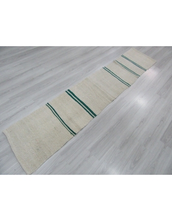 Green Striped Vintage Turkish Hemp Kilim Runner Rug