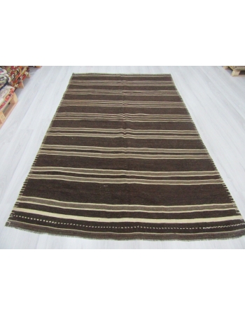 Vintage Striped Natural Brown Turkish Kilim Rug