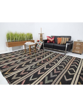 Large Vintage Embroidered Goat Hair Kilim Rug