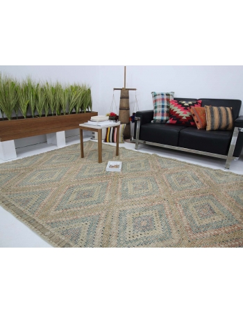 Washed Out Vintage Cotton Embroidered Kilim Rug