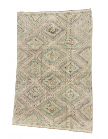 Embroidered Washed Out Vintage Kilim Rug