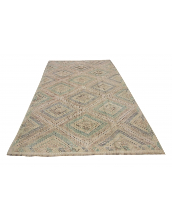 Embroidered Washed Out Vintage Kilim Rug