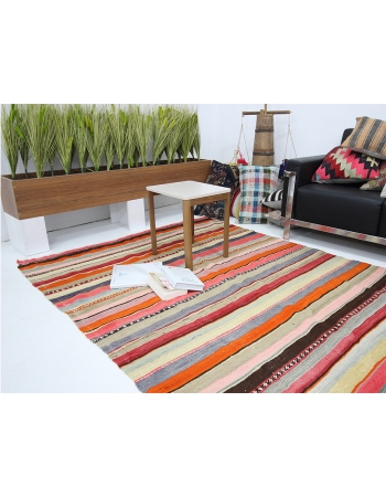 Vintage Colorful Striped Turkish Kilim Rug