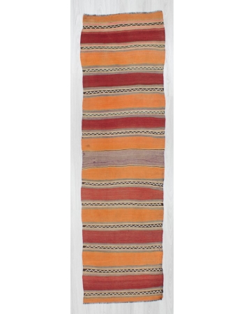 Handwoven vintage decorative orange and red striped Turkish kilim runner rug