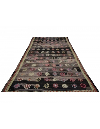 Vintage Black Decorative Turkish Kilim Rug