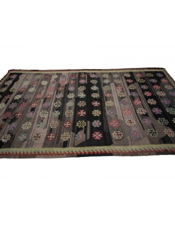Vintage Black Decorative Turkish Kilim Rug