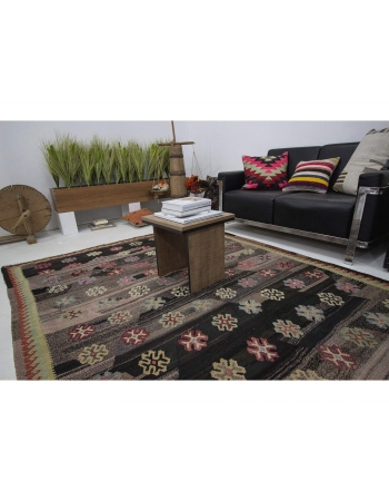 Vintage Black Decorative Turkish Kilim Rug