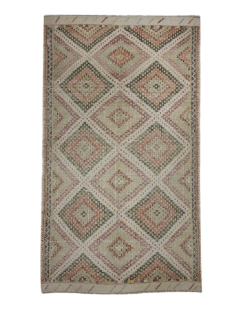 Embroidered Faded Vintage Turkish Kilim Rug