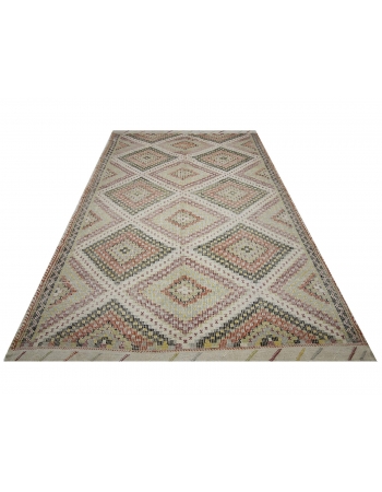 Embroidered Faded Vintage Turkish Kilim Rug