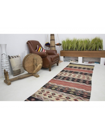 Embroidered Vintage Turkish Kilim Runner Rug