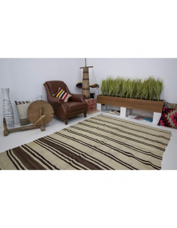 Striped Natural Vintage Kilim Wool Rug