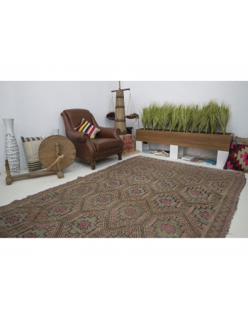 Embroidered Vintage Turkish Kilim Rug