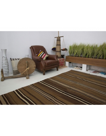 Striped Vintage Natural Brown Kars Kilim Rug