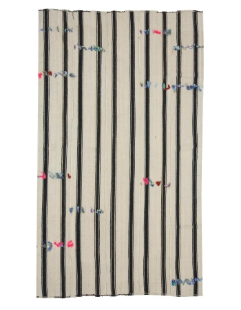 Vertical Black & White Striped Kilim Rug With Pon Pon