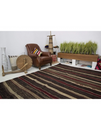 Vintage Burgundy & Gray Striped Kilim Rug