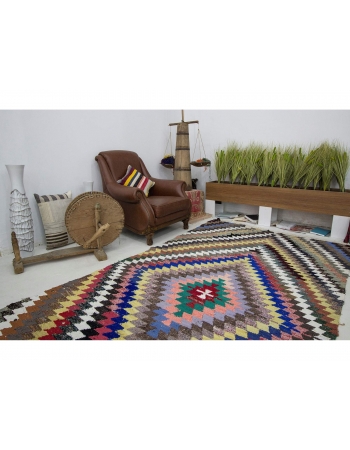 Vintage Colorful Turkish Cotton Kilim Rug