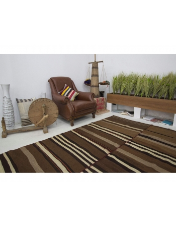 Brown & Black Striped Vintage Kilim Rug