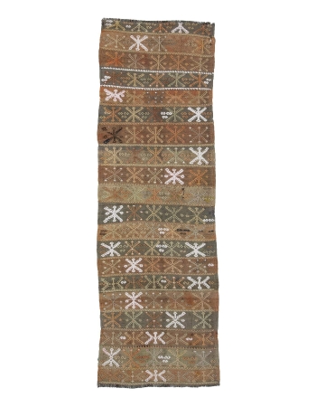 Faded Embroidered Vintage Kilim Runner Rug