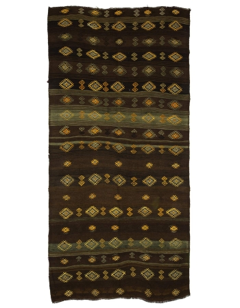 Embroidered Brown Turkish Kilim Rug