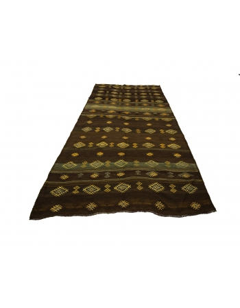 Embroidered Brown Turkish Kilim Rug