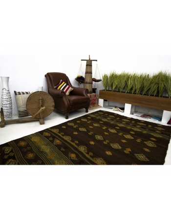 Embroidered Brown Turkish Kilim Rug