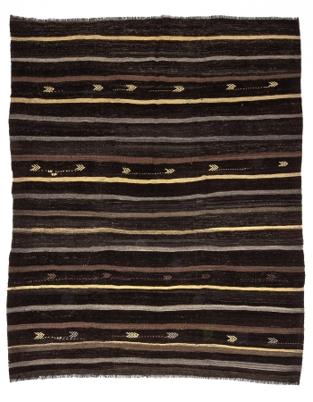 Brown & Gray & Yellow Striped Vintage Kilim Rug