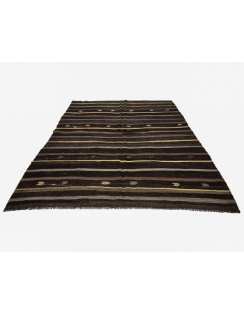 Brown & Gray & Yellow Striped Vintage Kilim Rug