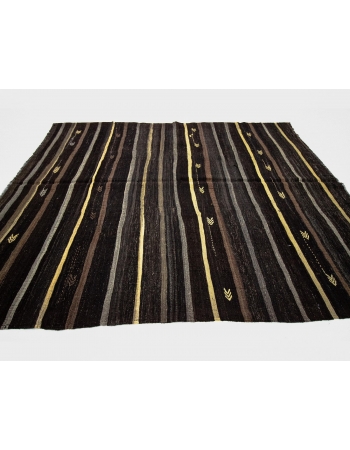 Brown & Gray & Yellow Striped Vintage Kilim Rug