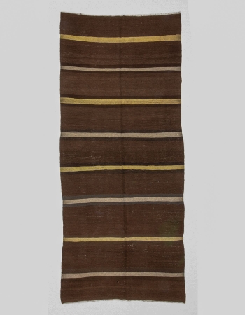 Brown & Yellow Striped Vintage Wool Kilim Rug