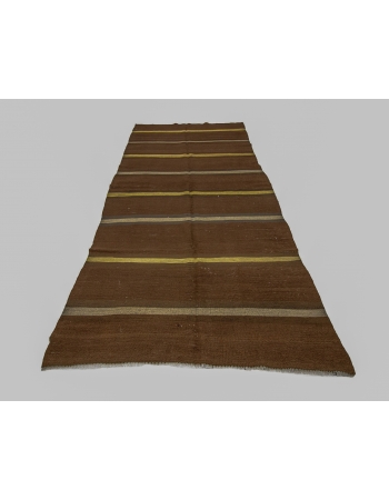 Brown & Yellow Striped Vintage Wool Kilim Rug