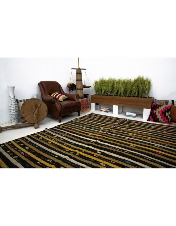 Embroidered Vintage Striped Kilim Rug