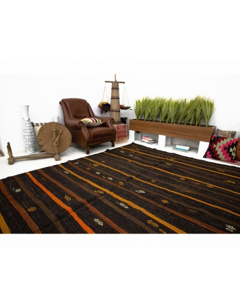 Brown & Orange Striped Vintage Kilim Rug