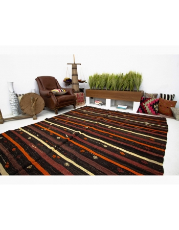 Orange & Brown Striped Vintage Kilim Rug