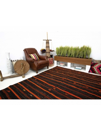 Orange & Black Striped Vintage Kilim Rug