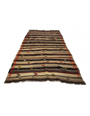 Brown & Orange Striped Vintage Kilim Rug