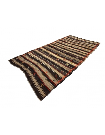 Brown & Orange Striped Vintage Kilim Rug