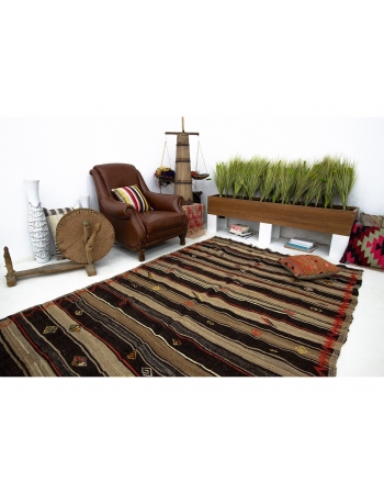 Brown & Orange Striped Vintage Kilim Rug