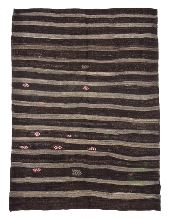 Dark Brown & Gray Striped Vintage Kilim Rug