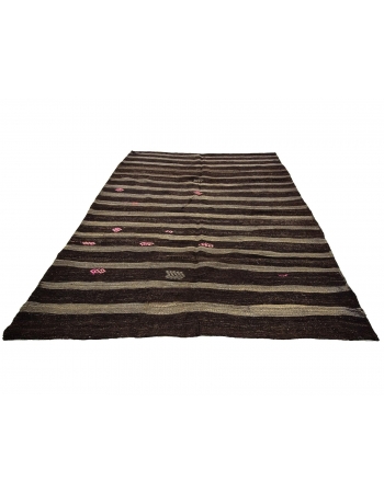 Dark Brown & Gray Striped Vintage Kilim Rug