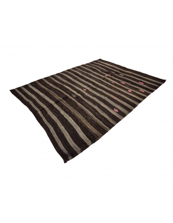 Dark Brown & Gray Striped Vintage Kilim Rug