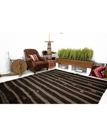 Dark Brown & Gray Striped Vintage Kilim Rug