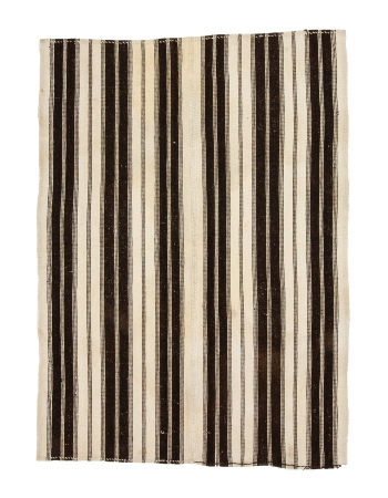 White & Brown Vintage Striped Kilim Rug - 5`2" x 7`1"