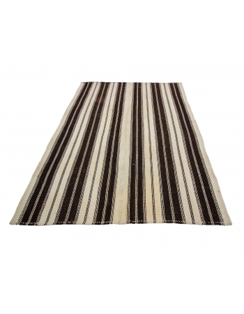 White & Brown Vintage Striped Kilim Rug - 5`2" x 7`1"