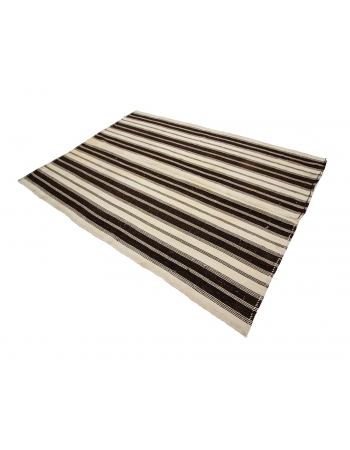 White & Brown Vintage Striped Kilim Rug - 5`2" x 7`1"