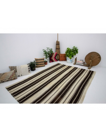 White & Brown Vintage Striped Kilim Rug - 5`2" x 7`1"